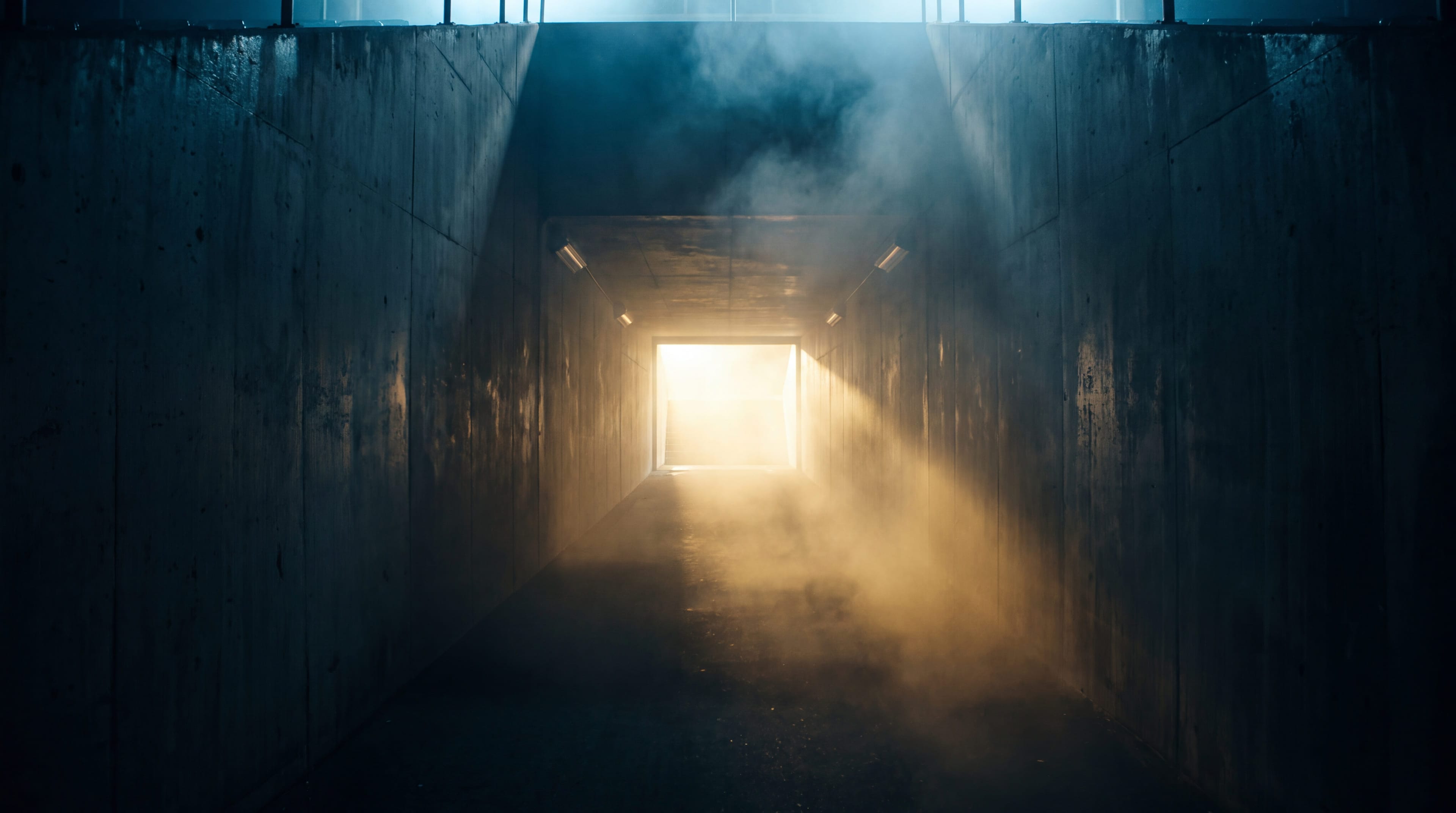 Leerer Spielertunnel, der auf das hell erleuchtete Spielfeld führt