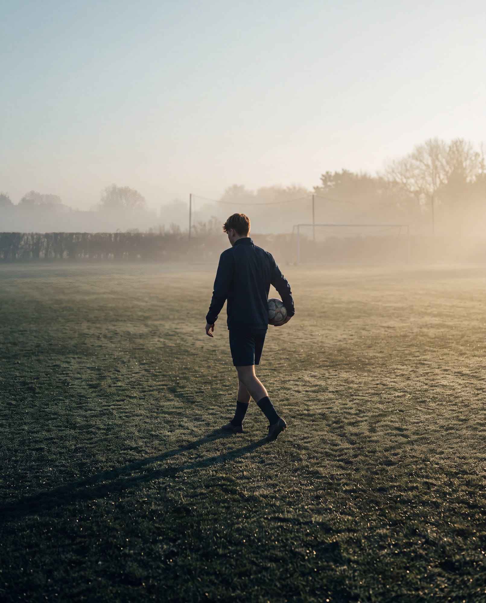 Junger Fußballer allein auf dem Trainingsplatz im frühen Morgenlicht
