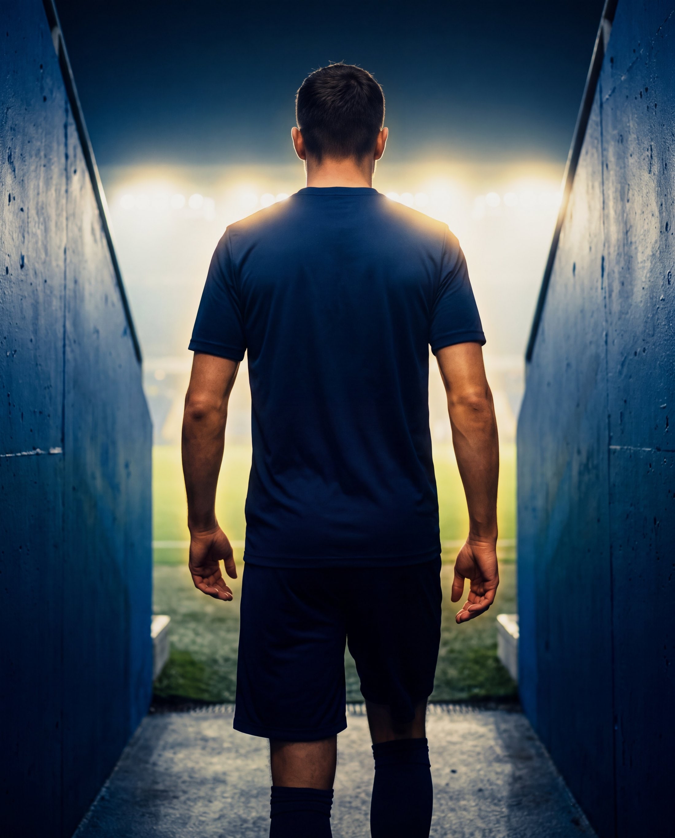Fußballer von hinten im Stadiontunnel, vor sich das Flutlicht
