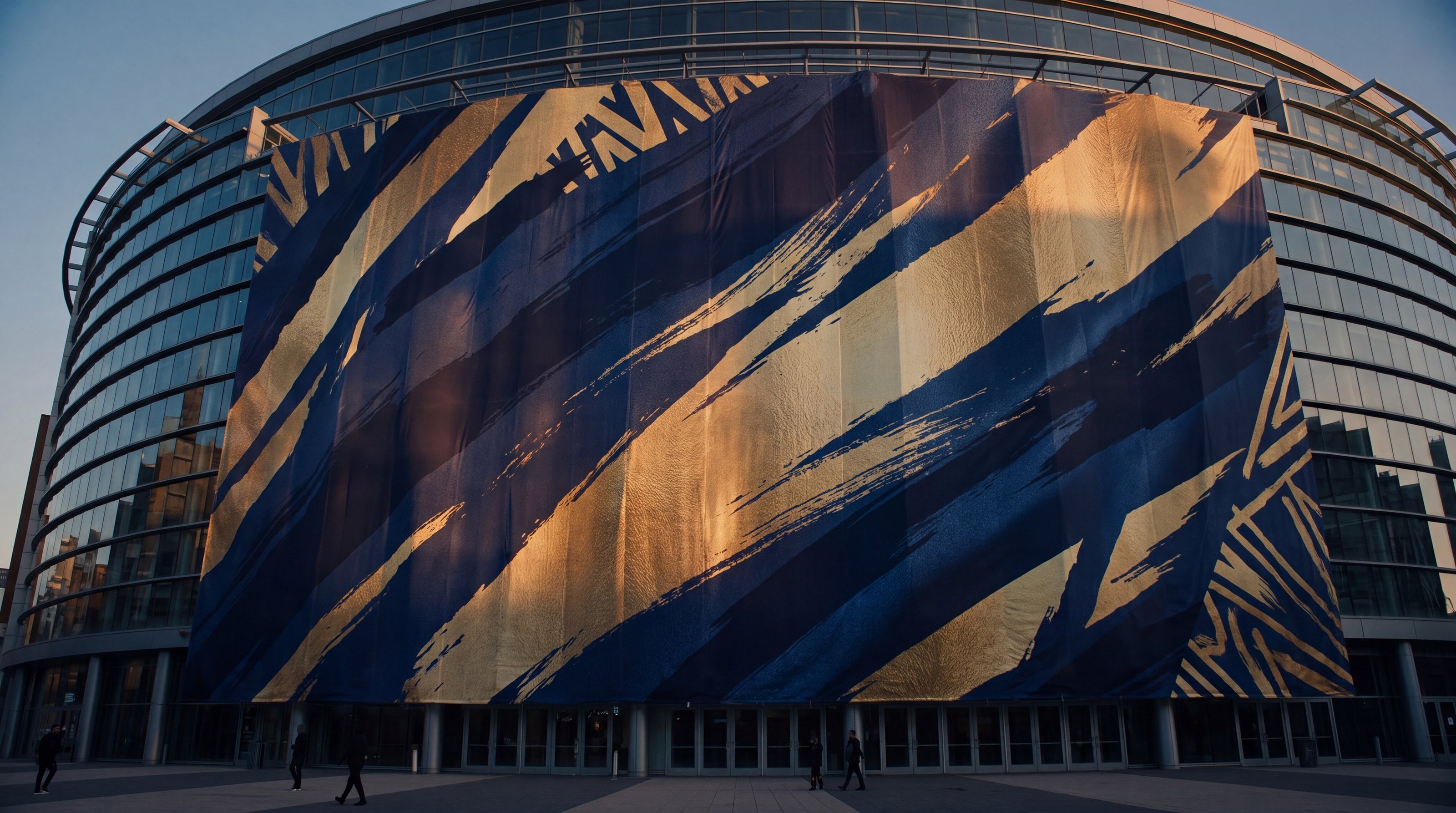 Riesiges Kampagnenbanner in Navy und Gold über der gesamten Arenafassade