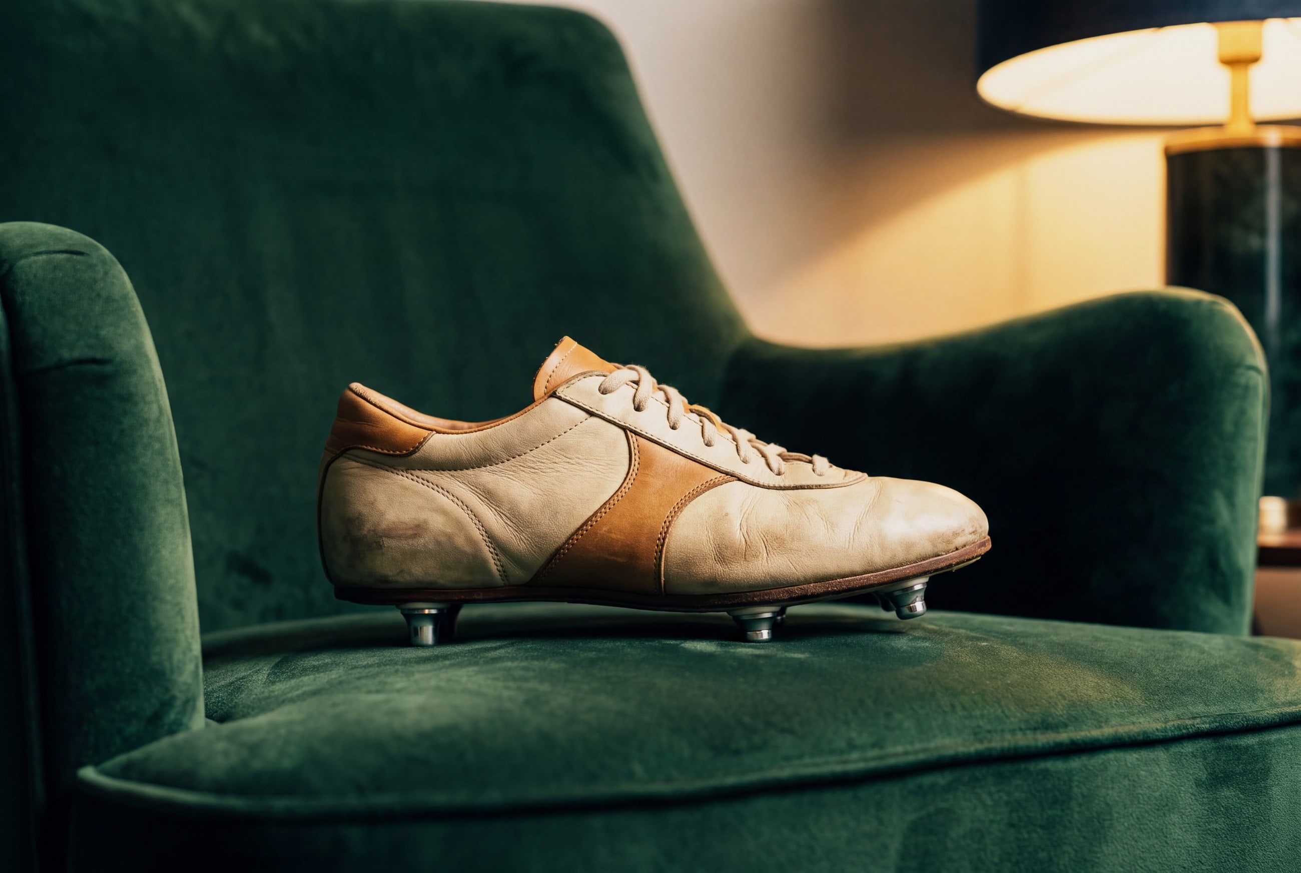 Heller Lederfußballschuh auf einem dunkelgrünen Samtsessel im Lampenlicht
