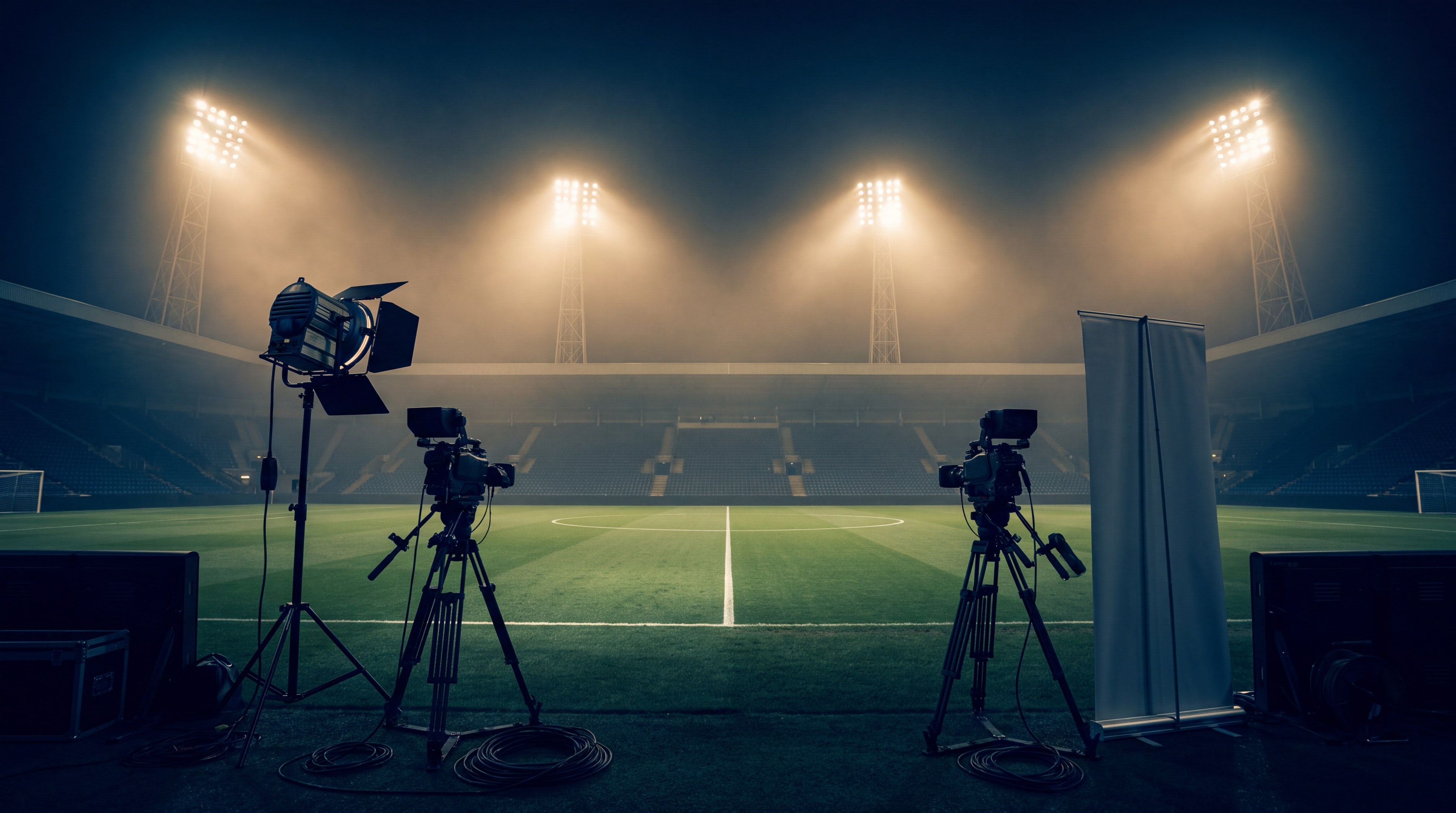 Leeres Flutlichtstadion bei Nacht, am Spielfeldrand Kameras, Scheinwerfer und ein leeres Banner rund um den Mittelkreis